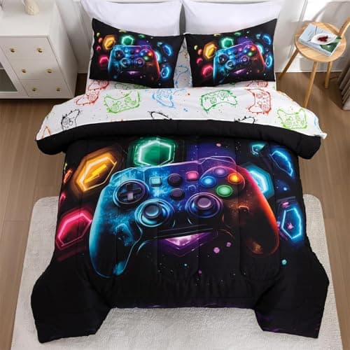 Image of Tabeskly Boy Kids Geometry Gaming Gamepad Gamer Bedding Single Duvet Cover Sets Bed Zipper Multicolor Black 135×200cm
