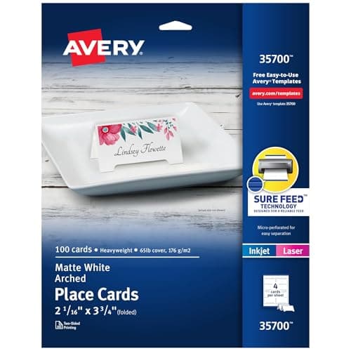 Image of Avery Printable Arched Tent Cards with Sure Feed Technology, 2-1/16" x 3-3/4", White, 100 Blank Place Cards for Laser or Inkjet Printers (35700)