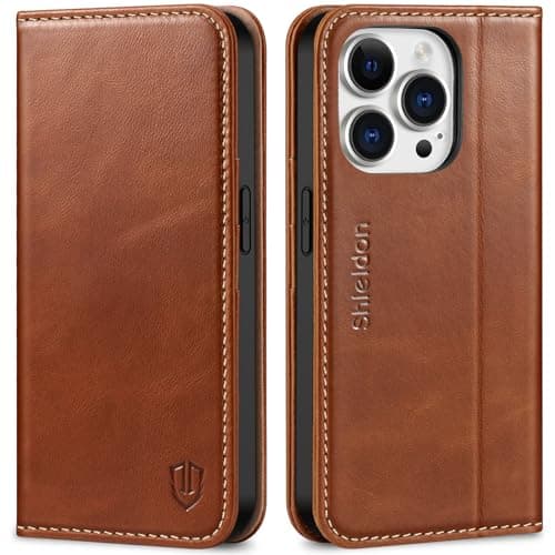 Image of SHIELDON Case for iPhone 14 Pro 5G 2022, Genuine Leather Flip Wallet Stand Folio Cover with [Card Slots][Shockproof TPU Shell] Magnetic Protective Cover Compatible with iPhone 14 Pro, Retro Brown
