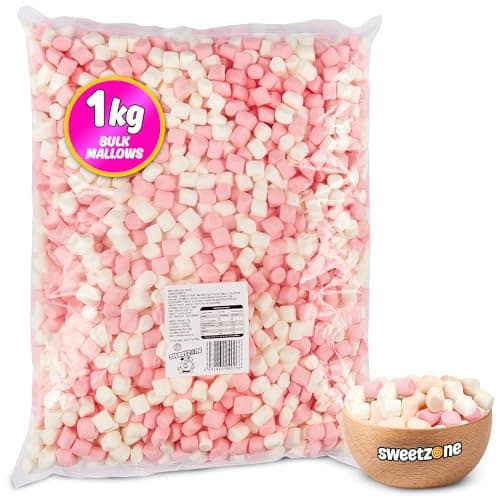 Image of Sweetzone Mini Mallows Pink and White Halal Mini Marshmallows, Sweets Bulk, Retro, Candy for Sweet Bags Marshmallows for Hot Chocolate, 1kg Bulk Sweets Bag