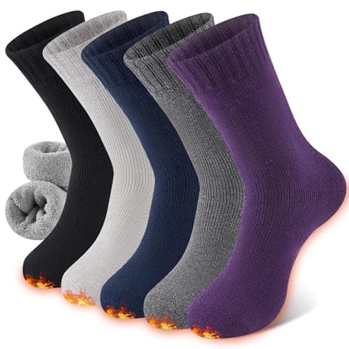 Image of Niorasen Thermal Wool Socks for Women 5 Pairs Multipack, Ladies Warm Winter Walking Hiking Crew Socks for Boots, Thick Comfy Cushioned, Black & Multicolour, Valentines Birthday Gifts for Girlfriend