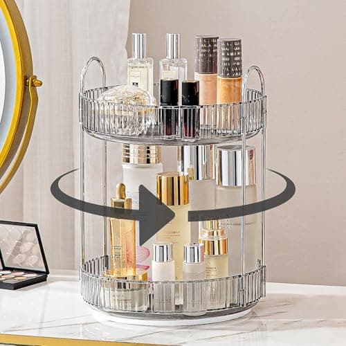 Image of Bingobang Makeup Organiser 360 Rotating, Spinning 2 Tiers Skincare Cosmetic Organizer Acrylic Large, Tidy Storage Shelf for Perfume, Jewelery, Brush, Vanity Desk, Dresser, Bedroom, Bathroom (Grey)