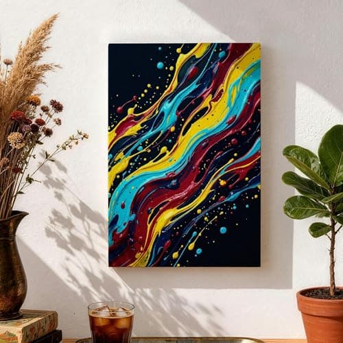 Image of Colorful Abstract Canvas Wall Art, Blue Yellow Red Splatter Painting, Modern Home Aesthetic Decor for Living Room, Bedroom, Office, Wrapped Canvas 8x12 Inch