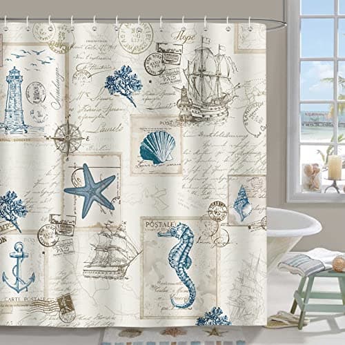 Image of Bonhause Nautical Coastal Shower Curtain Vintage Sailboat Lighthouse Anchor Bathroom Curtain 180 x 180 cm Waterproof Mildew & Mould Resistant Polyester Fabric Bath Curtain with 12 Hooks