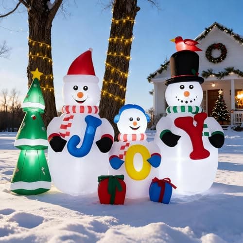 Image of Bonnlo 8FT/240cm Christmas Inflatable Snowman Family with JOY Sign, Christmas Decorations Outdoor Blow Up Decor with 8 LED Lights, Yard Decoration for Lawn Garden Xmas Display