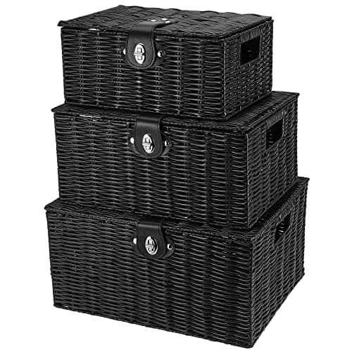 Image of HAKZEON Set of 3 Resin Woven Storage Baskets, Wicker Hamper Storage Baskets Box with Lid & Lock for Storage, Decor, Black