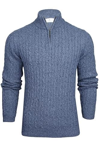 Image of Xact Men’s Cotton Rich Cable Knit Quarter Zip Jumper, Regular Fit 1/4 Zip Pullover Sweater, Smart Casual Chunky Knitwear, Classic Zip Neck Jumper (Cable - Light Denim) XL