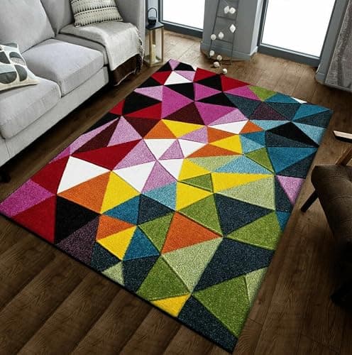 Image of Multicolour Geometric Rug Modern Anti Slip Polypropylene Carpet Living Room, Bedroom, Hallway, Dining Room, Office (Geo-Play, 60x110)