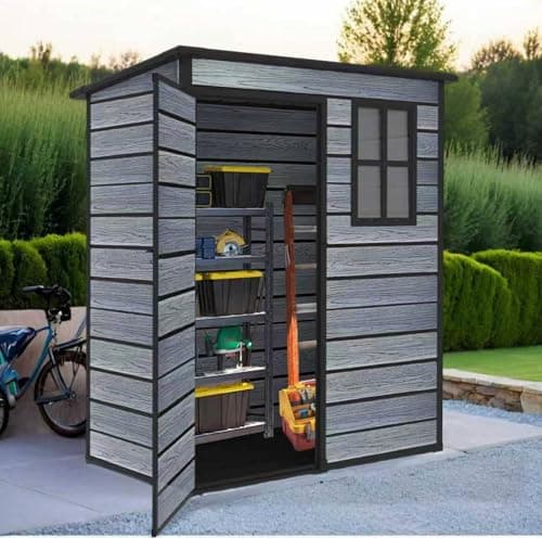 Image of BIRCHTREE 5X3FT Plastic Garden Shed with Floor Pent Roof Wood Grain Effect Fade Free All Weather Resistant Lockable Door Outdoor Storage Box Air Vent&Window Garden Tool Shed Low Maintenance Grey