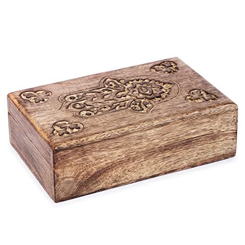 Image of Ajuny Hand Carved Wooden Storage Box 8 x 5 Inch, Hamsa Hand Design Mango Wood Keepsake Trinket Memory Treasure Chest, Vintage Decorative Jewellery Organiser Gift