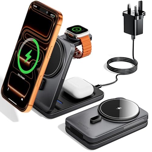 Image of KPON 3 in 1 Wireless Charging Station for Apple, Foldable Magnetic Fast Charger Stand for iPhone Air/17/16/15/14/13/12, AirPods Pro 3 2 Apple Watch (20W Adapter Included) Dark gray