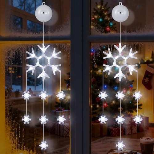 Image of Tacobey 2PCS Christmas Snowflake Window Lights, LED Battery Hanging Lights Cool White with Suction Cup, 8 Modes, Timer Function, for Indoor Home Party Christmas Decorations