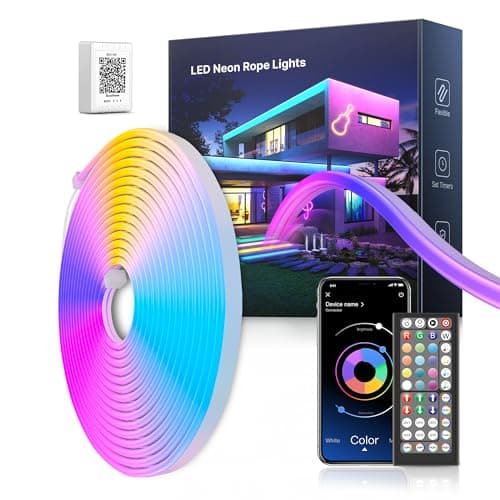 Image of Mexllex LED Neon Rope Lights 5M, Flexible RGB LED Strip with App & Remote Control, Music Sync Colour Changing Waterproof Lighting for Bedroom, Gaming & Home Decor