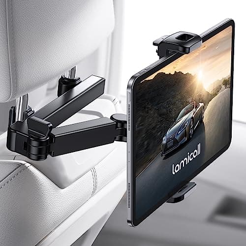 Image of Lamicall Car Headrest Tablet Mount - [Aluminium Arm] 2025 Adjustable Car Tablet Holder, 360° Rotating Backseat Mount for Kids, for 2024 iPad Pro 13, Air 6, Mini, Tab, Phones, 4.7-13” Device - Black
