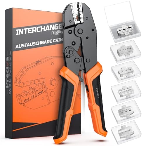 Image of Preciva Crimping Pliers Ratcheting Wire Crimper Tool Set for Heat Shrink, Nylon, Non-Insulated Connectors, Ferrule Terminals with 6 Heads for Quick Change