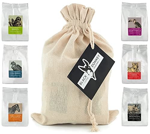 Image of Black Donkey - Gourmet Coffee Beans Gift Set - WORLD'S COFFEES | Whole Roasted Coffee Beans 600g (6x100g) | 6 Finest Single Origin Coffees | Hamper Style Gift Idea for Him & Her
