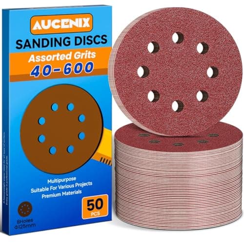 Image of Aucenix 50PCS 125mm Sanding Discs: 8 Holes (40/60/80/120/150/180/240/320/400/600) Assorted Grits Sanding Pads - Hook and Loop Sandpaper Sheets for Random Orbital Sander for Walls Metal Wood