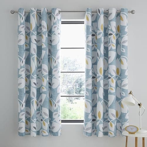 Image of Catherine Lansfield Inga Leaf 66x72 Inch Lined Eyelet Curtains Two Panels Teal Green