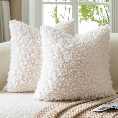 Image of Mandioo Set of 2 Cream White Faux Fur Cushion Covers 50x50 cm 20x20 inch Boucle Decorative Sherpa Throw Pillow Covers Thick Fuzzy Fleece Pillowcases for Sofa Couch Bed Living Room