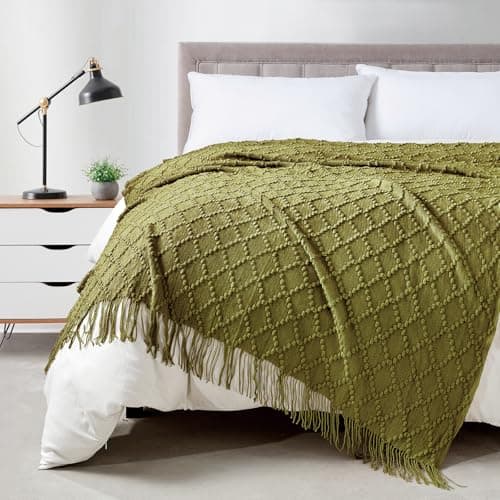 Image of BOURINA Throw Blanket Textured Solid Soft Throws and Blankets for Sofa or Bed Knitted Decorative Blanket 127x178cm Olive