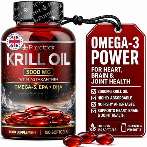 Image of Puretrex Krill Oil 3000mg 150 Softgels Made in UK – Omega 3 EPA DHA with Astaxanthin & Phospholipids, High Absorption, No Fishy Aftertaste, Heart Brain Joint Eye Support