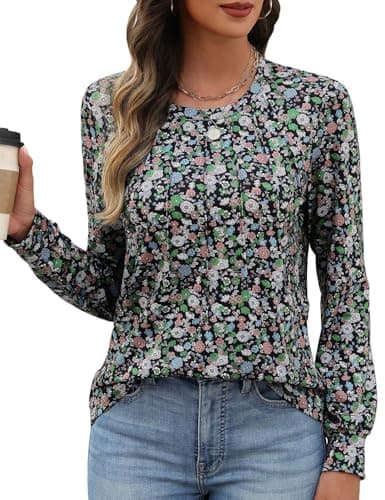 Image of heekpek Womens Long Sleeve T Shirts Crew Neck Pleated Tops Casual Basic T-Shirt Floral Printed Tunic Tops for Spring Autumn Summer, Dark Green Flowers, M
