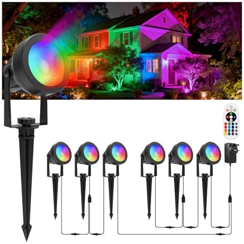 Image of T-SUNUS RGB Garden Spotlights Mains Powered, 6-in-1 Outdoor Coloured Spotlights, 16 Colors and 4 Lighting Modes, 12V/24V Low Voltage Landscape Lights, IP65 Spike Lights Pathway Lighting Yard Lawn