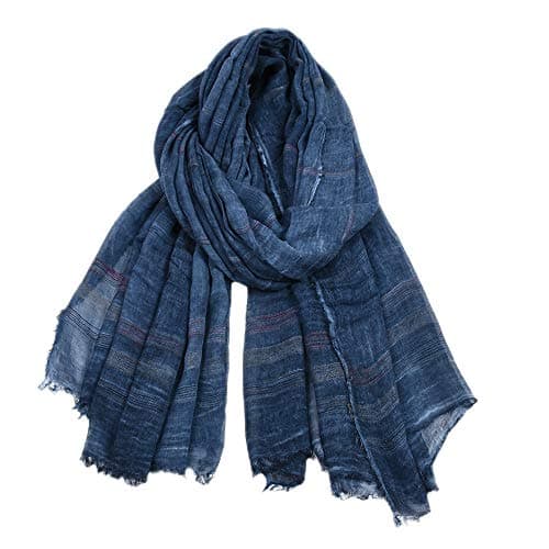 Image of Kangqifen Unisex Soft Striped Scarf with Tassels Cotton Linen Solid Color Scarves 75 x 35 inch Navy Blue