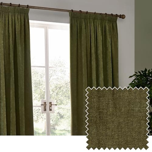 Image of Yard furn Heavy Chenille Pencil Pleat Curtain Pair – Lined Room Darkening Soft Velvet Curtains (Olive - Width 117 x Drop 137cm)