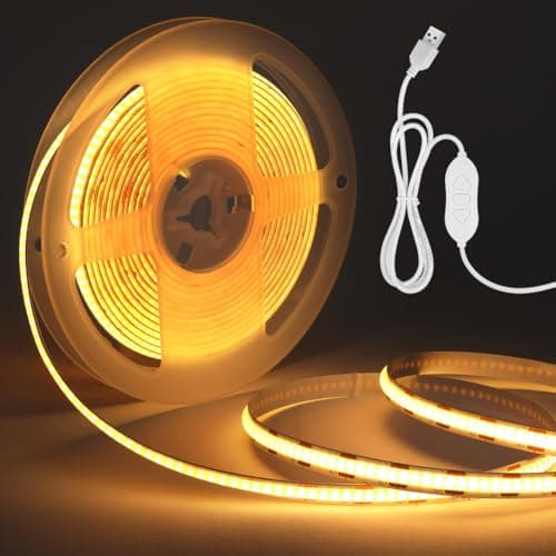 Image of HOTUT COB LED Strip 4M, Warm White LED Strips, 5V Dimmable Continuous LED Strip Lights, Flexible USB LED Light Strip, 320LEDs/M, Self-Adhesive, Cuttable for Bedroom Mirror Kitchen Cabinet Home Decor