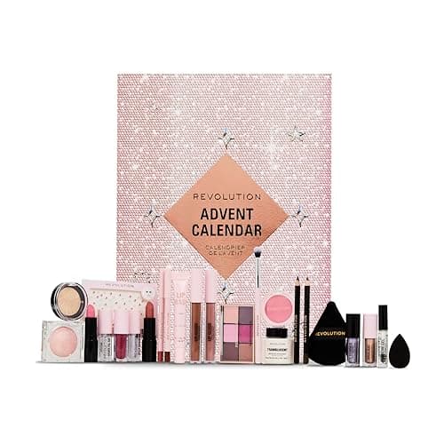 Image of Revolution Beauty 24-Piece Holiday Beauty Advent Calendar, Makeup Gift Set with Lip Gloss, Nourishing Lip Masks, Brushes & Brow Gel, Vegan & Cruelty-Free