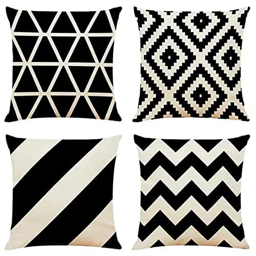 Image of OYIMUA Set of 4 Boho Decorative Cushion Covers Black 16 x 16 Linen Geometric Throw Pillow Covers 40cm x 40cm Square Pillowcases for Outdoor Furniture Garden Bench Living Room Sofa Farmhouse Decor