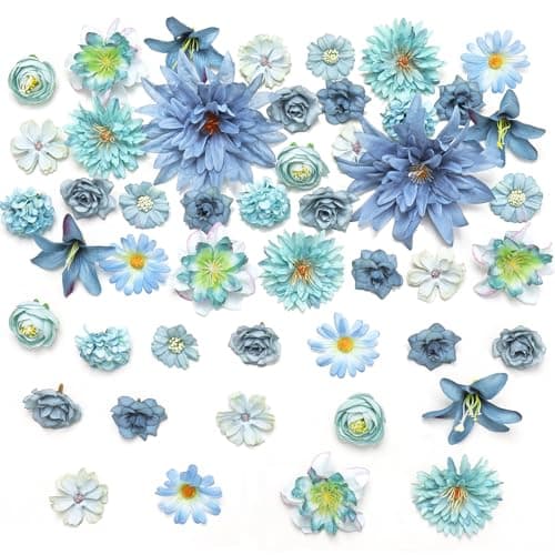Image of Dremisland 48PCS Artificial Flower Heads Craft Fake Flowers with Stems Decoration Mini Silk Blue Flowers Head Bulk Daisy Dahlia Faux Flower Heads for DIY Cake Wedding Party Hair Accessory Decor