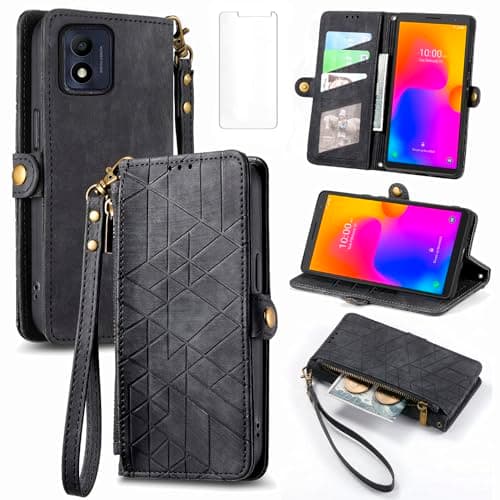 Image of Asuwish Phone Case for Alcatel 1B 2022 Wallet Cover with Tempered Glass Screen Protector and Wrist Strap Leather Flip Zipper Credit Card Holder Stand Cell Accessories Slim Protective Women Men Black