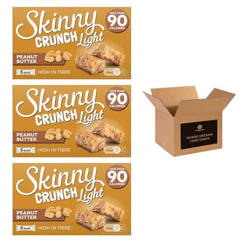 Image of 5 × Skinny Crunch Snack Bars – Less Than 90 Calories | High Fibre Cereal Bars Milk Chocolate Flavoured Coating | Snacks for Kids and Adults | Sweet Treat Gifts (Pack 3(15-Bars), Peanut Butter)