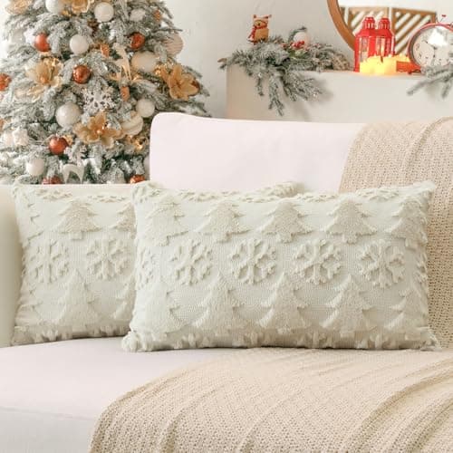 Image of Sungeek Set of 2 Christmas Cushion Covers 40x60 cm, Soft Plush Faux Fur Christmas Tree Snowflake Winter Holiday Xmas Decorative Lumbar Throw Pillow Cover Cases for Sofa Couch Bed Living Room, Beige