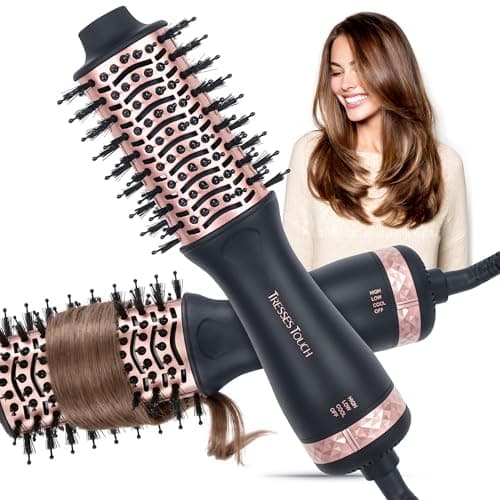 Image of Tresses Touch Hair Dryer Brush Travel Hot Air Brush 2 Inch Oval Blow Dry Hair Brush, 4 in 1 Mini Blow Dry Brush for Drying Smoothing Curling Volumizing, 2 Speed and 3 Heat, 220-240V UK Plug