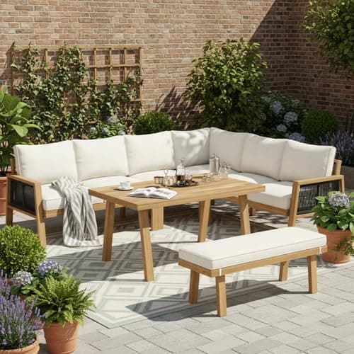 Image of Merax 6–7 Seater Garden Furniture Set, Acacia Wood Frame Outdoor Patio Furniture with Corner Sofa & Bench, Rope-Weave Design, Acacia Wood Tabletop, Garden Lounge & Dining Set, Natural & Cream