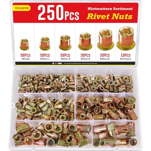 Image of YOOPIN 250PCS Rivnut Kit, Zinc Plated Carbon Steel Rivet Nut, M3 M4 M5 M6 M8 M10 Rivnuts Assortment Set, Flat Head Threaded Insert Nut for Metal Sheets, Electrical Appliances and Industrial Products