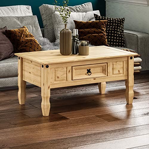 Image of Vida Designs Coffee Table with Drawer, Rectangular, Waxed Solid Pine Wood, Traditional, Rustic, 56 x 94 x 45