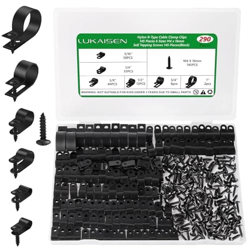 Image of Lukaisen 290 PCS Black Nylon P-Clips, 3/16'' 1/4'' 3/8'' 1/2'' 3/4'' 1'' Inch Plastic Cable Clips Wire Clamp, Nylon Screw Mounting Cord Fastener Clamp with 145 PCS Screws, for Wire Management