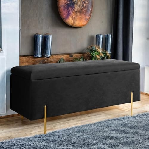 Image of Harveys Living Plain Ottoman Storage Box - Engineered Wood Luxurious Plush Velvet Ottoman Storage Bench (Black, Legs)