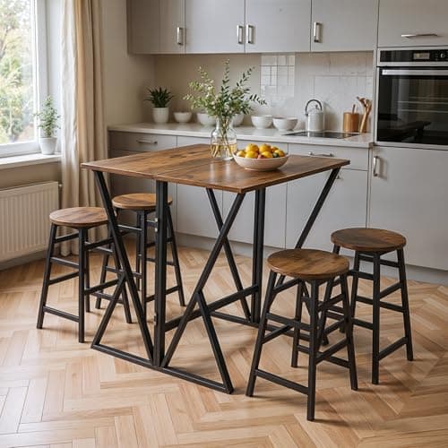 Image of Warmiehomy 5pcs Dining Room Furniture Sets, Industrial Kitchen Breakfast Bar Table and Stools Set, Saving Space Folding Table and 4 Stools for Home Apartment, Kitchen, Living Room, Brown