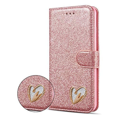 Image of KP TECHNOLOGY iPhone 5/5S/SE Case, Luxury Glitter 3D Heart Diamond Bling Wallet Flip Cover for iPhone 5/5S/SE (ROSE GOLD)