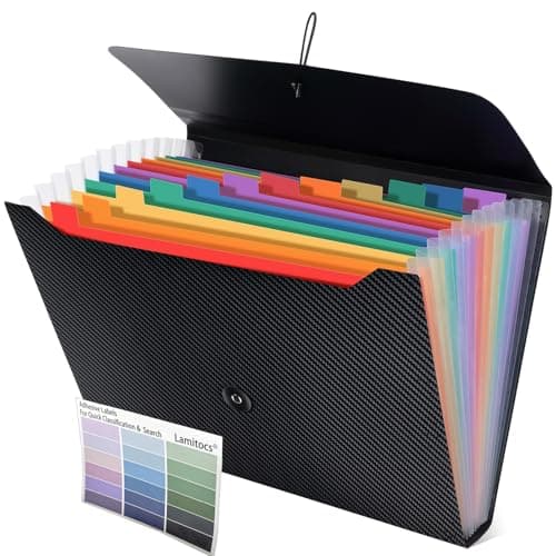 Image of Lamitocs Expanding File Folder A4,13 Pockets File Organiser with Colored Tags, Paperwork A4 Plastic Wallet Document Storage Expander for School,Office and Home, Black(Colorful Inside)