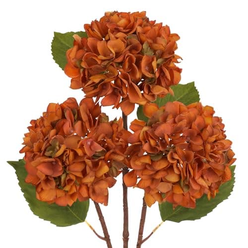 Image of Hollyone Pack of 3 Hydrangea Artificial Flowers, Deep Orange Fake Hydrangea Stems with Large 6'' Blooms, Long Stem Silk Flowers for Floral Arrangement, Vase, Home Decor, Autumn Decoration