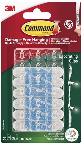 Image of Command Outdoor Decorating Clips with Water-Resistant Strips - 20 Mini Clips and 24 Small Adhesive Strips, Transparent - for Decorations and Fairy Lights - Damage Free Hanging