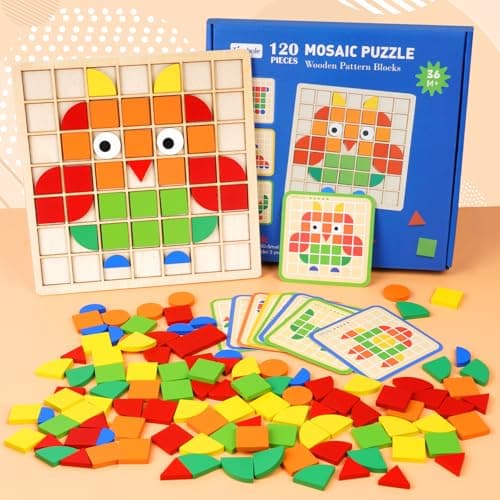 Image of HOTUT Tangram Puzzles for Kids - Wooden Pattern Blocks Set with 120 Geometric Shapes & 20 Double-Sided Design Cards