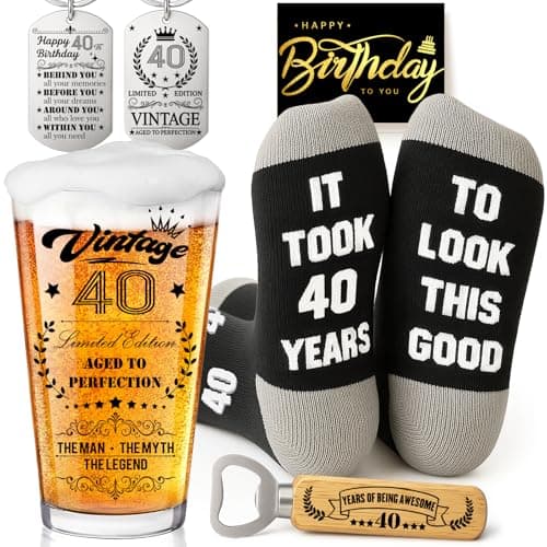 Image of Joybble 40th Birthday Gifts for Men, 40th Birthday Decorations Beer Glass in Vintage Box, Valentine's Day Gift Beer Glasses Gift Ideas, Presents for Men, Funny Socks & Keychain & Bottle Opener