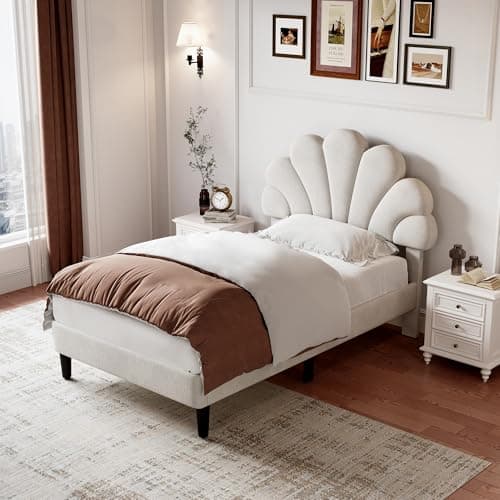Image of Merax 3ft Single Upholstered Bed Frame, Velvet Petal Headboard, Adjustable, Solid Wood Slats, No Box Spring Needed, Easy Assembly, Beige - without Matress